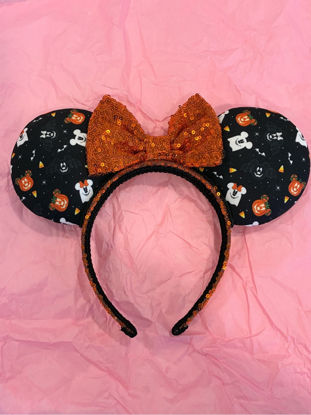 Disney Halloween Minnie Mouse Ears Orange Sequin Bow Spooky Mickey Headband